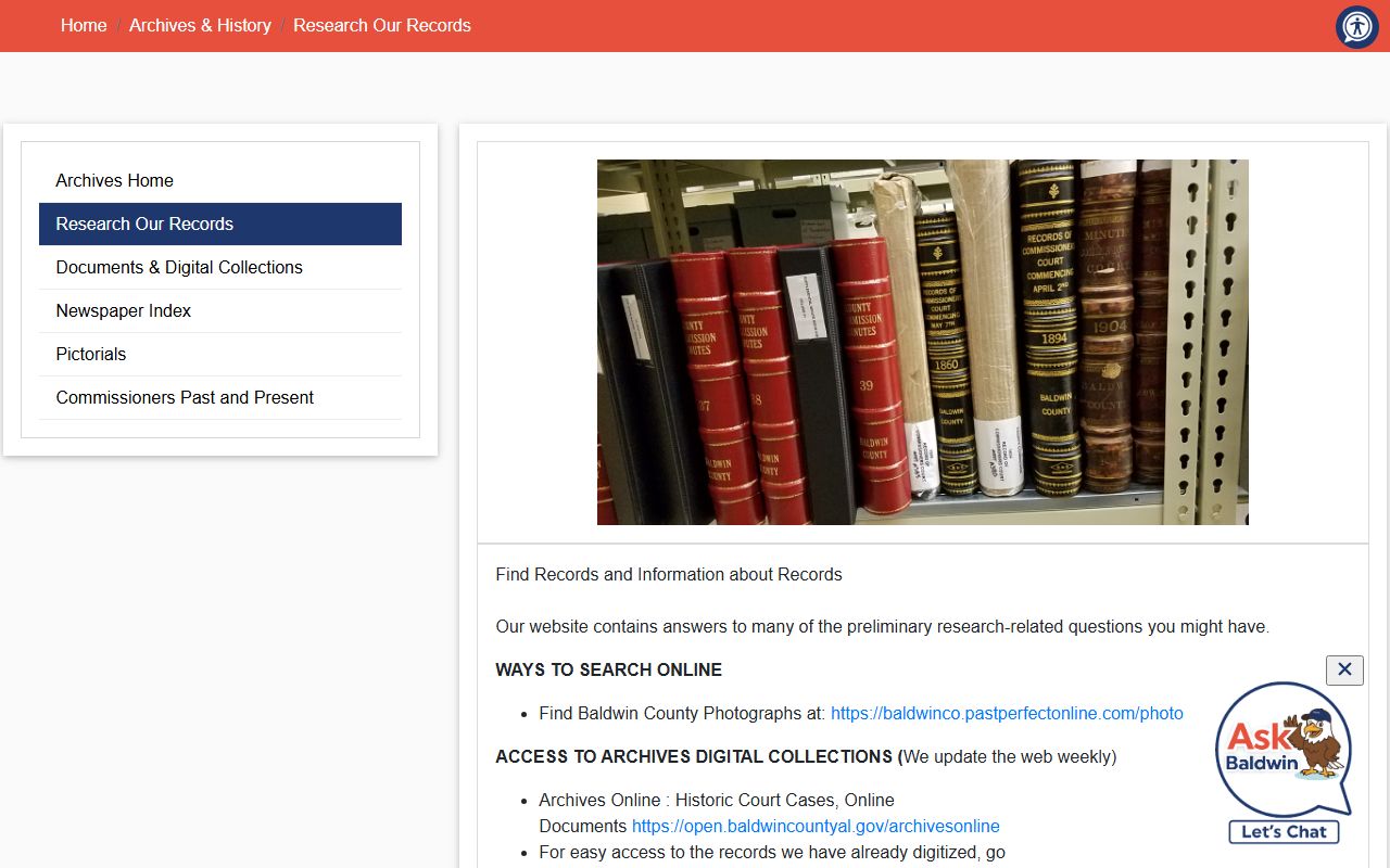 Baldwin County public records Archives and History research page with links to historic court cases and digital collections