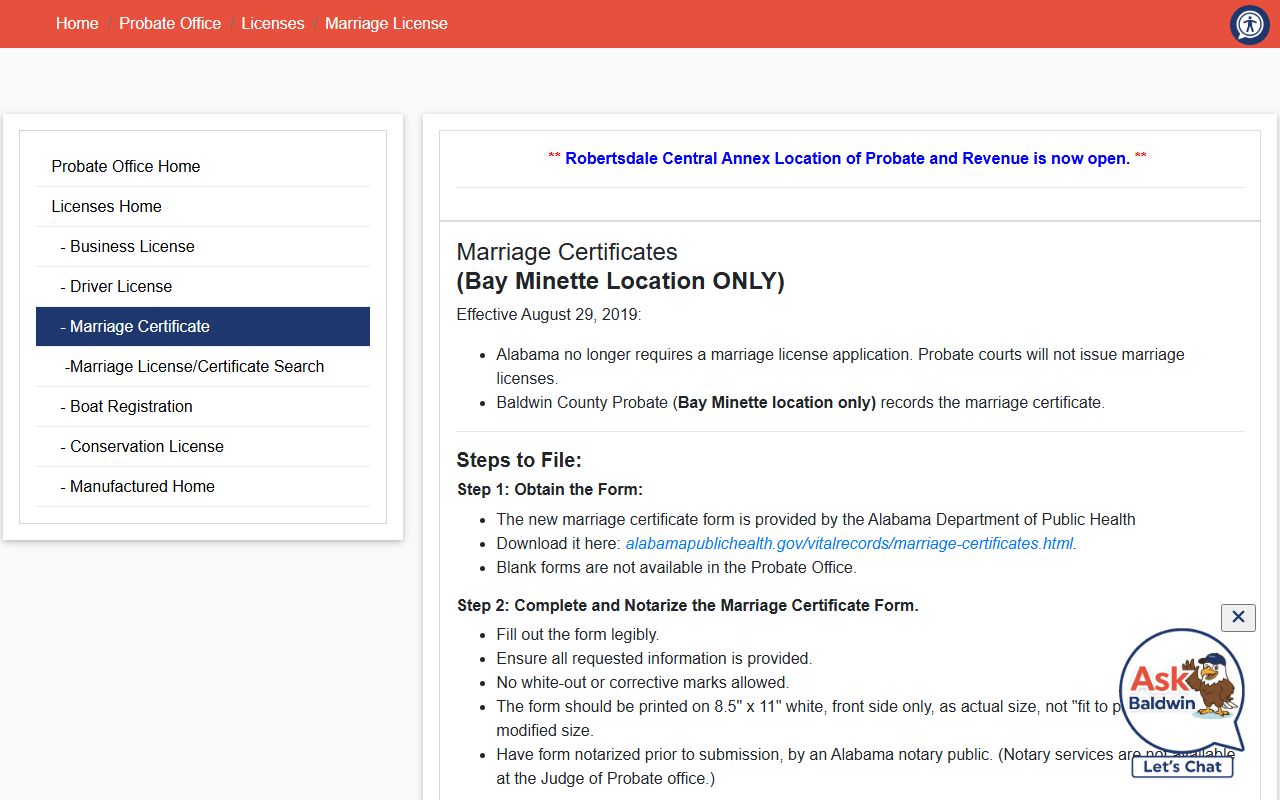 Baldwin County Probate Office marriage certificate page showing recording requirements and fees