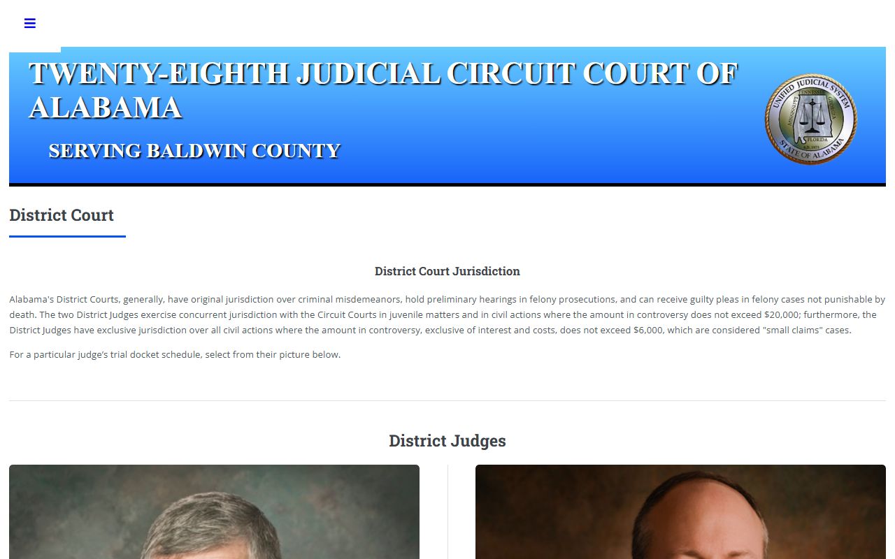 Baldwin County District Court page showing court docket information and judge details