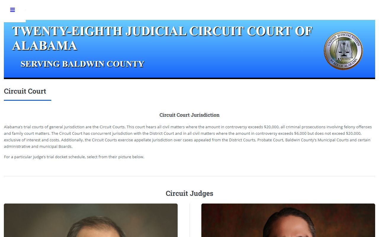Baldwin County Circuit Court page listing the six circuit judges