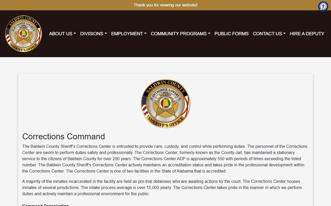 Baldwin County jail inmate population data from the official Corrections Command page