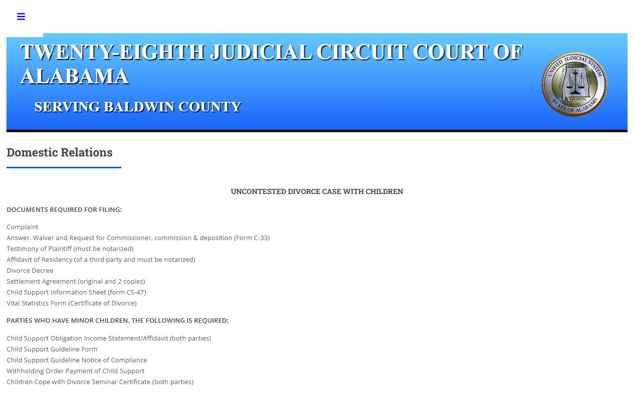 Baldwin County Circuit Court domestic relations page showing divorce filing requirements and form links
