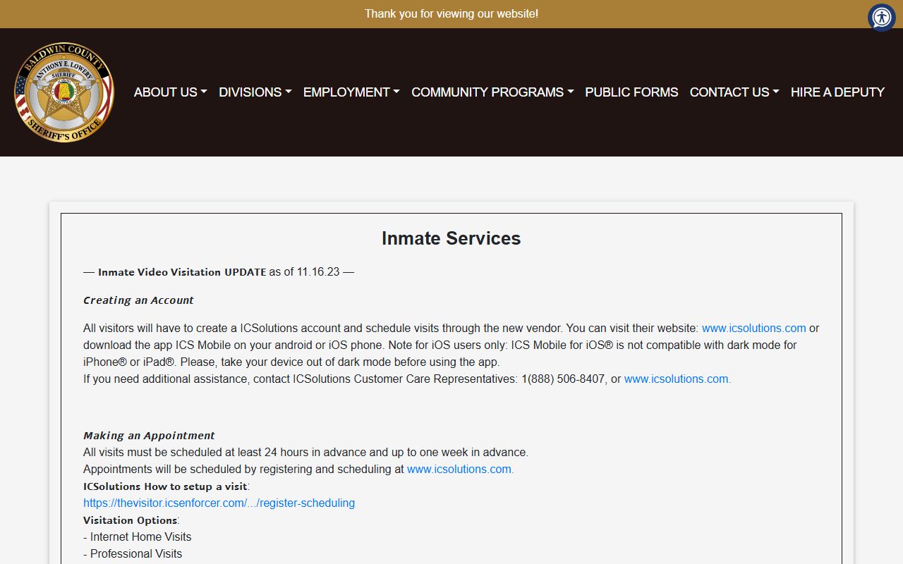 Baldwin County inmate services page on the Sheriff website showing visitation and money deposit information