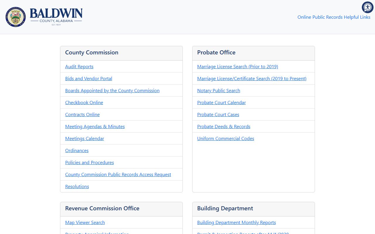 Baldwin County public records Open Baldwin portal showing links to probate, archives, sheriff, and commission records