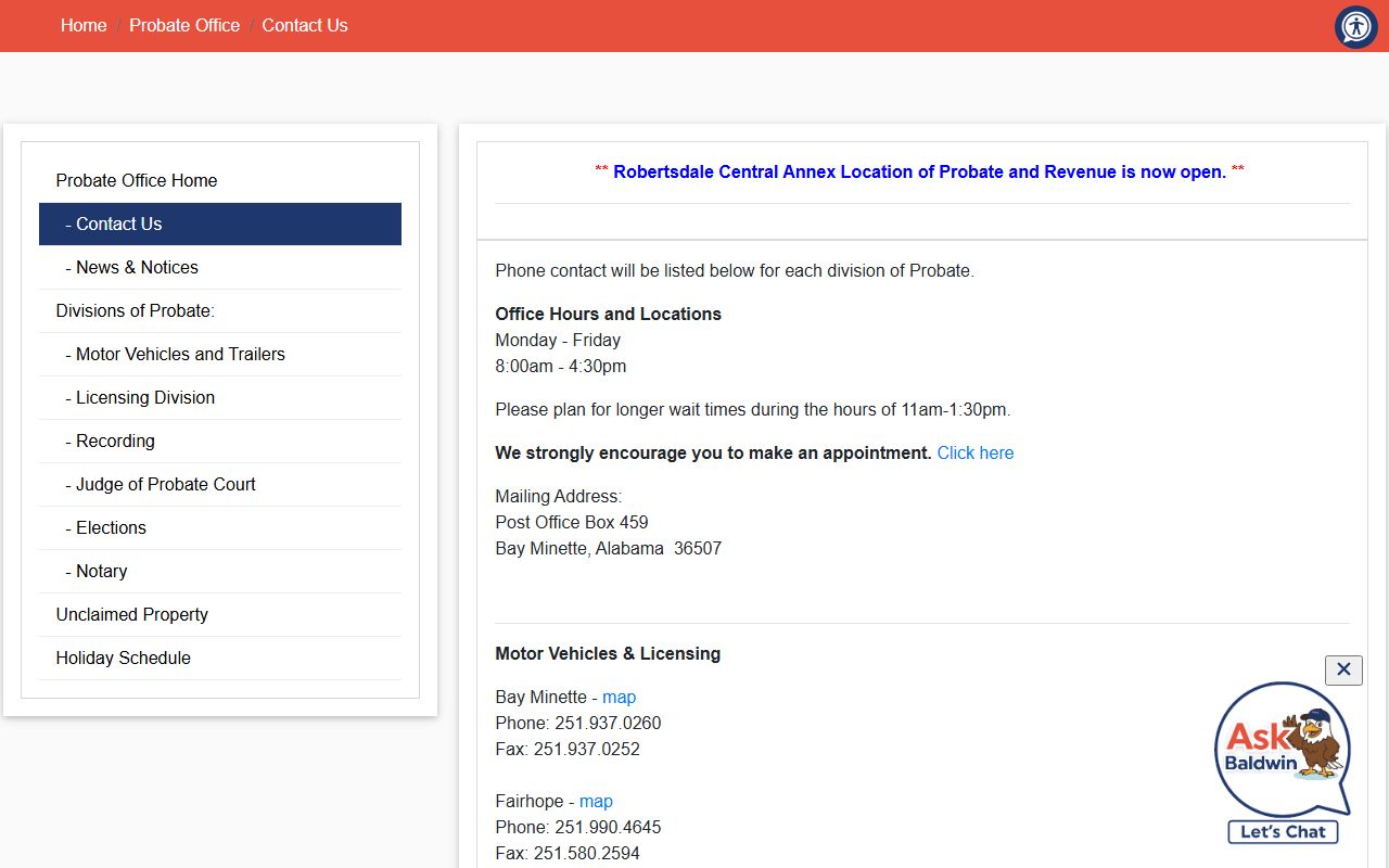 Baldwin County probate records office contact and locations page