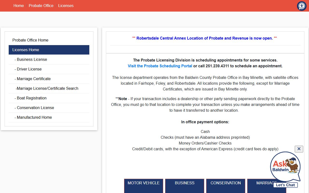 Baldwin County Probate Office licenses page showing office locations and licensing services