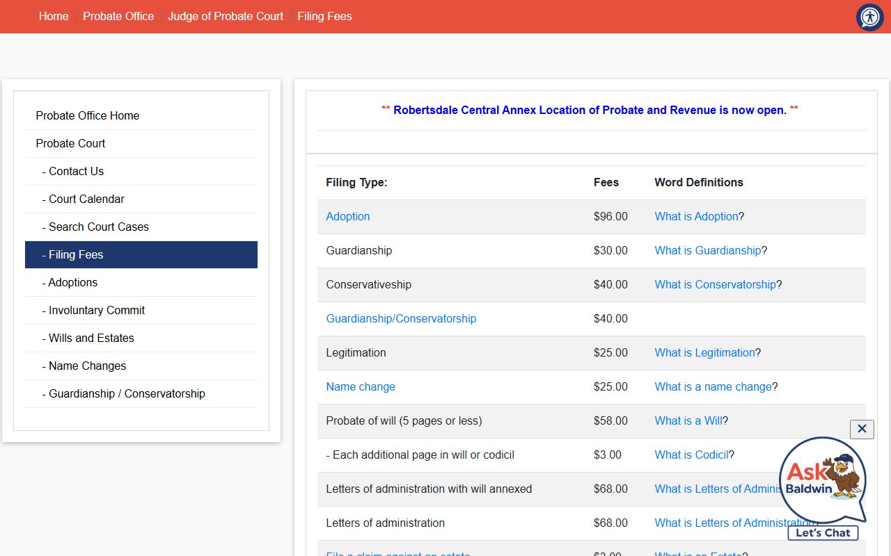 Baldwin County probate records filing fees schedule page