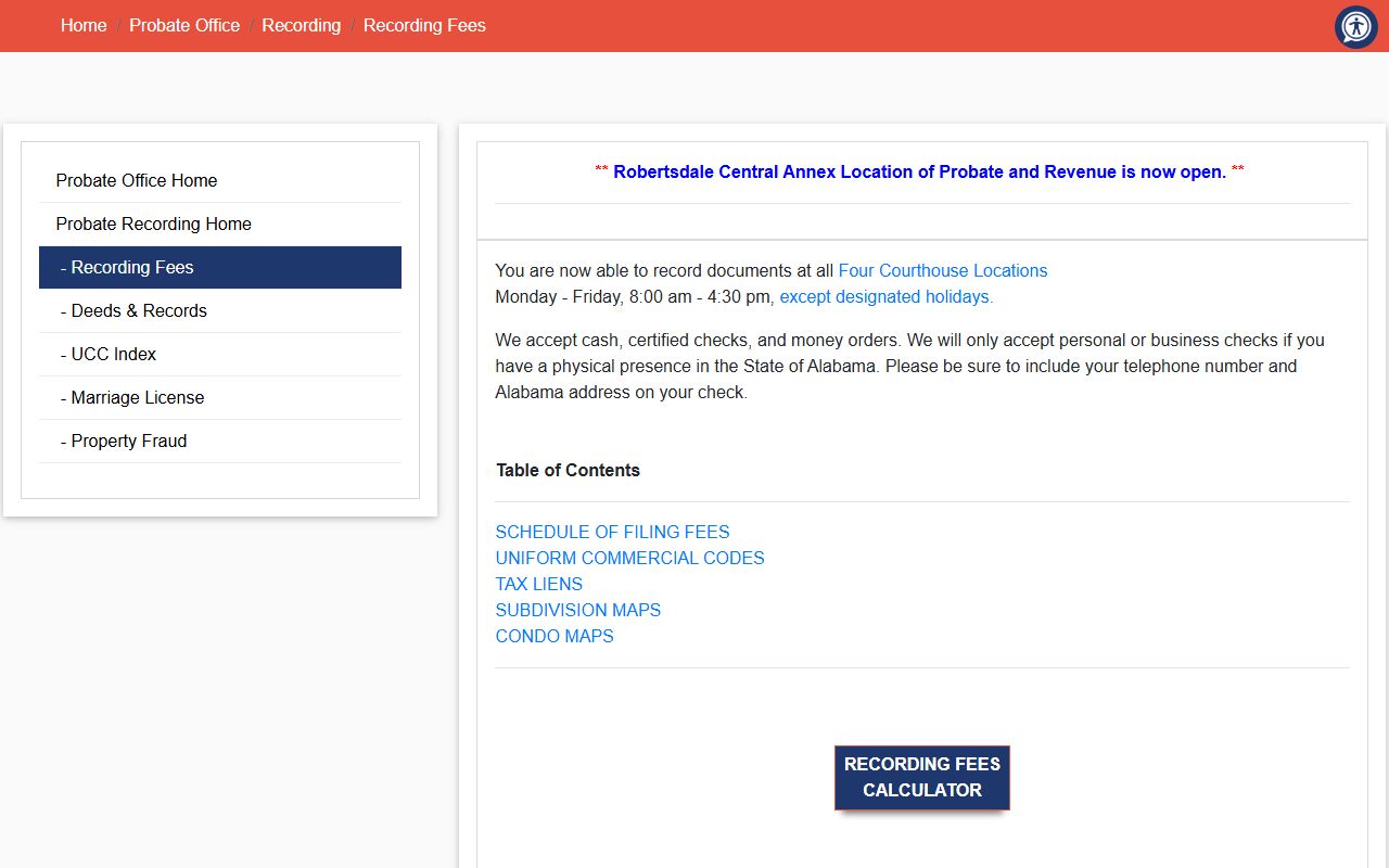 Baldwin County Probate Office recording fee schedule for public documents and court records