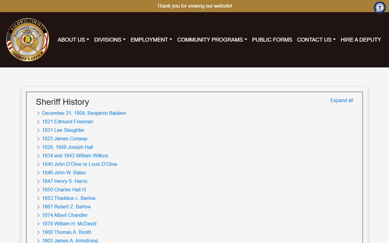 Baldwin County Sheriff history page covering 2024 appointment and corrections center expansion
