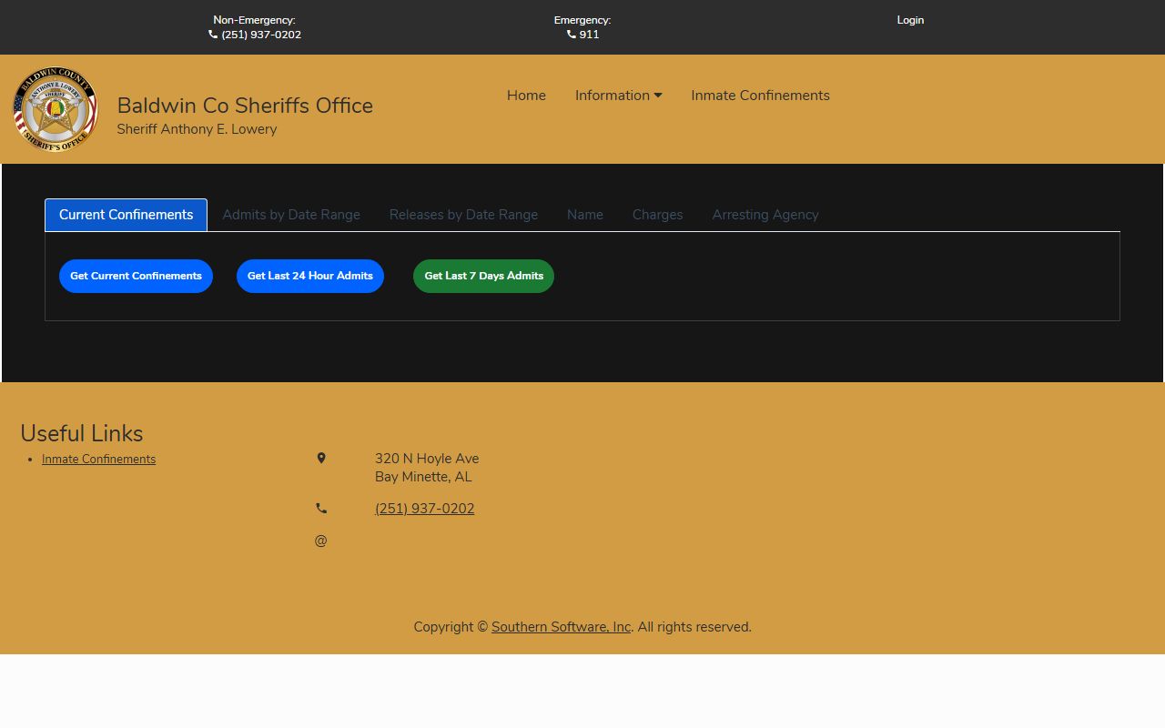 Baldwin County Citizen Connect booking search interface for warrant and inmate records