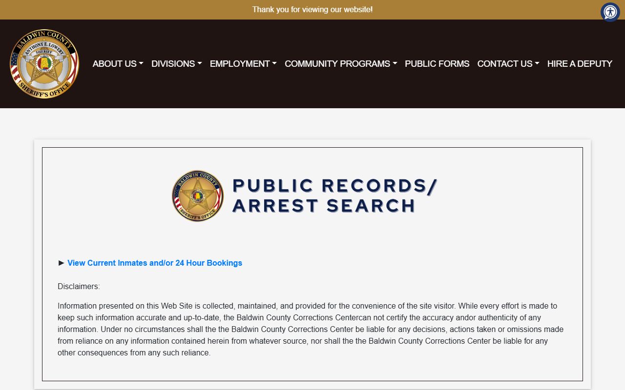 Baldwin County Sheriff arrest search portal showing warrant and booking links