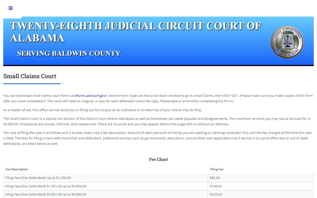 Baldwin County small claims court filing information on the official district court website