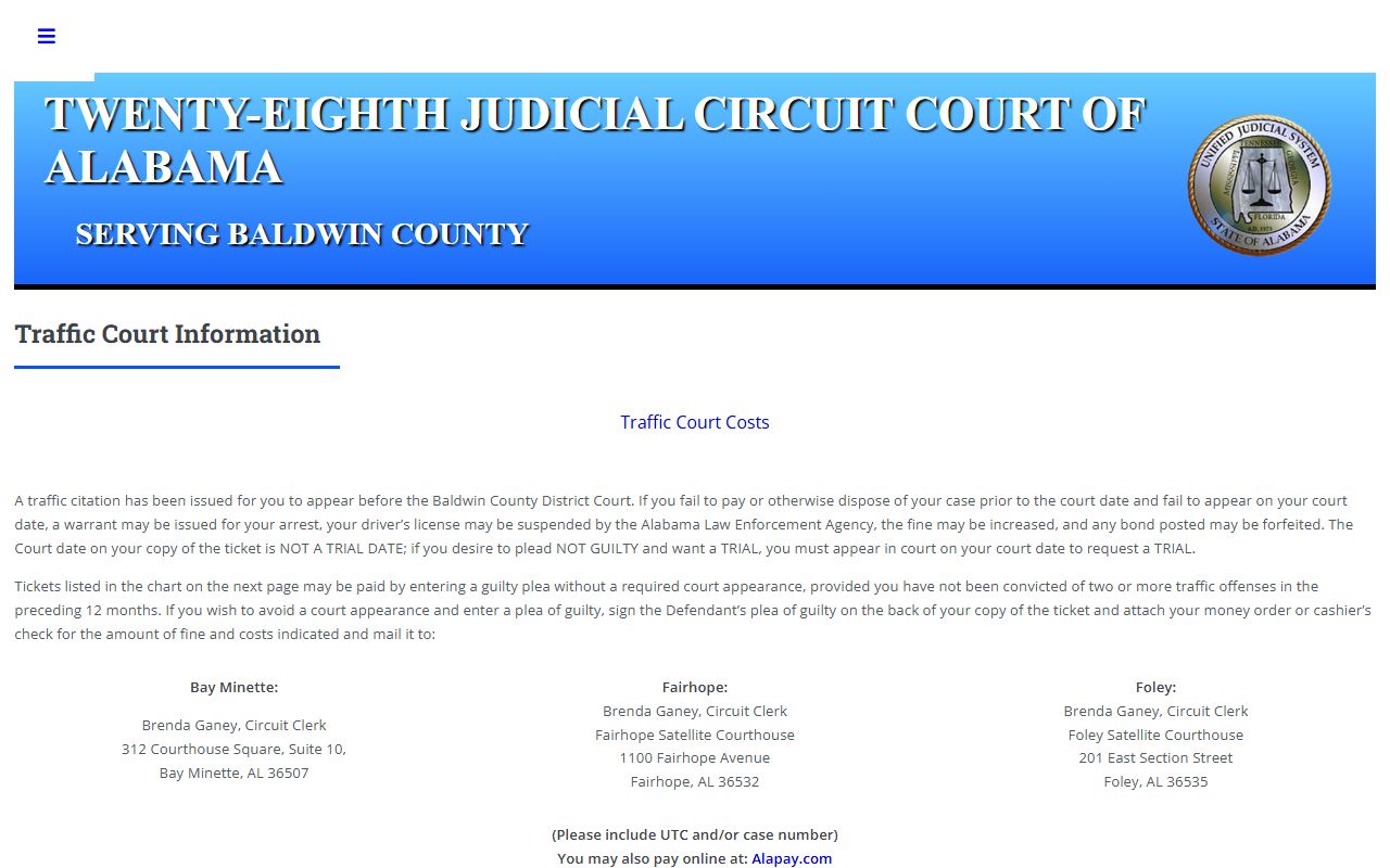 Baldwin County traffic court page explaining warrant and license suspension consequences