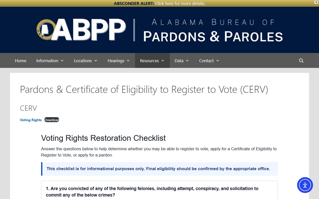 Baldwin County Alabama Bureau of Pardons and Paroles voting rights restoration