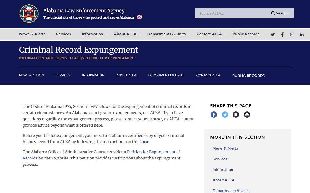 Alabama ALEA expungement page for Baldwin County criminal records
